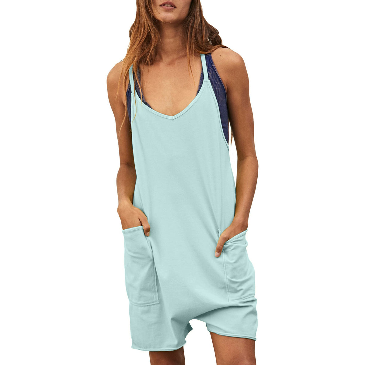 Women's Comfortable Jumpsuit with Deep Neckline and Pockets