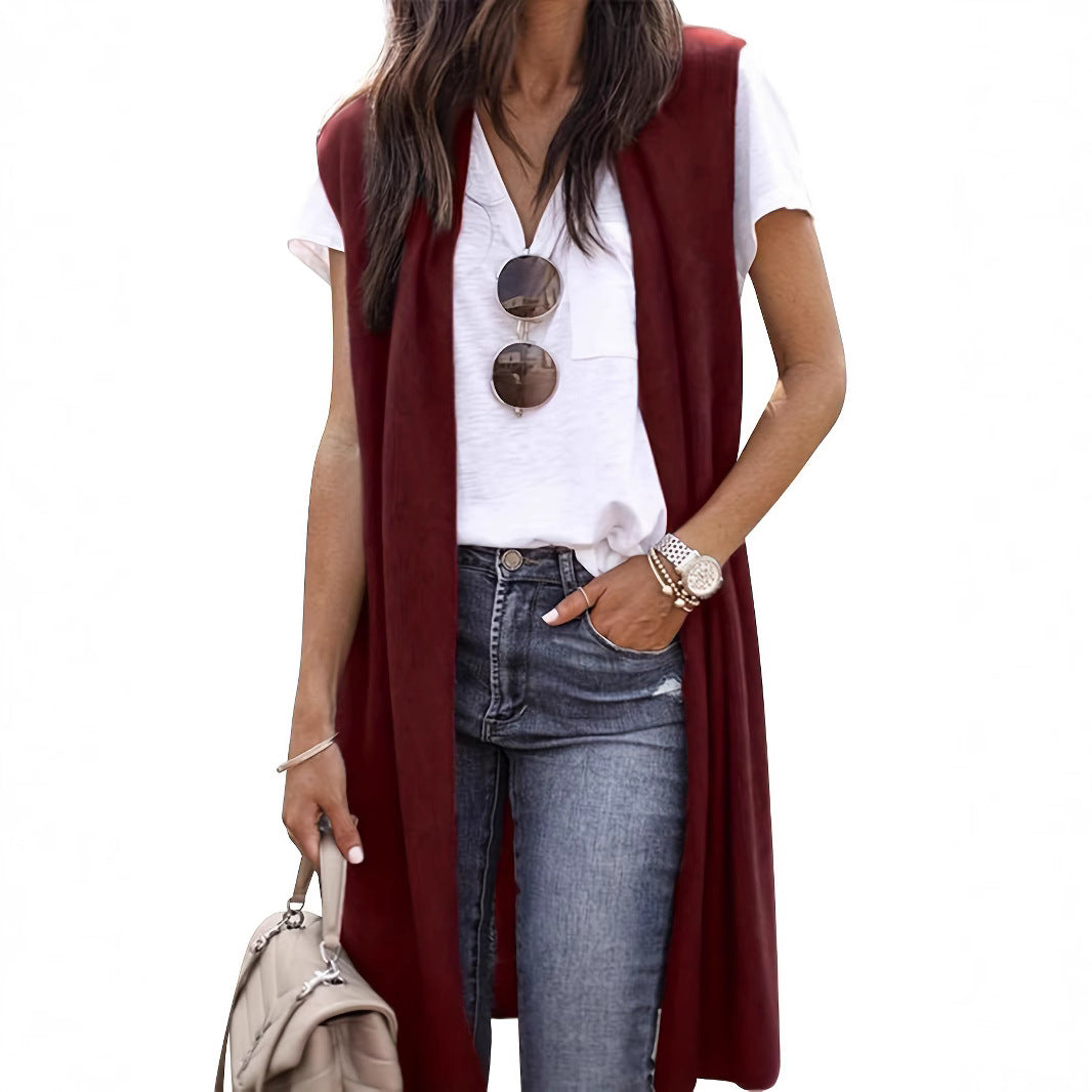Women's Longitudinal Knit Coat with Side Slits