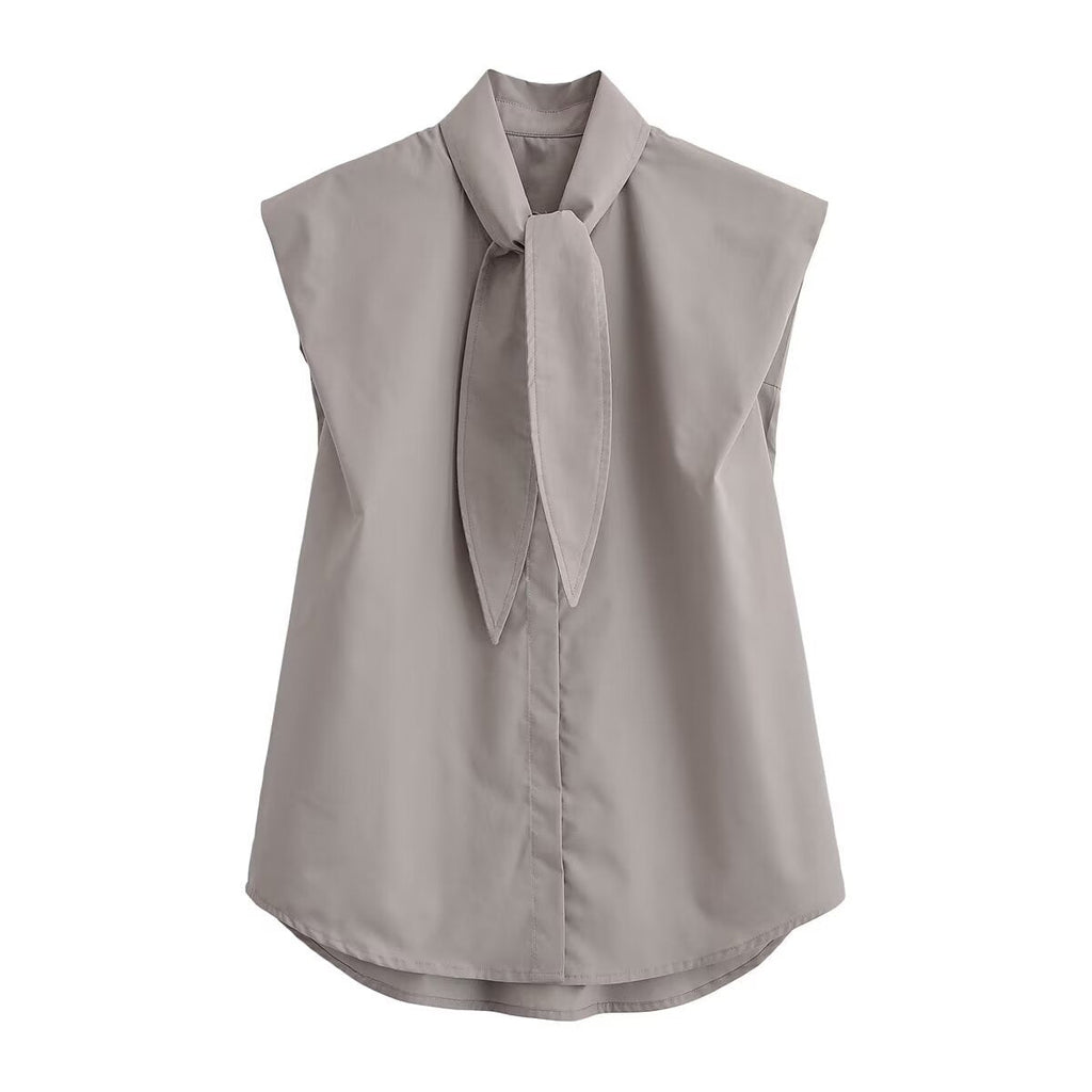 Women's Blouse with Stand-Up Collar and Bow Detail