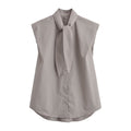 Women's Blouse with Stand-Up Collar and Bow Detail