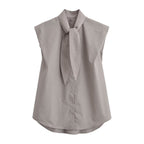 Women's Blouse with Stand-Up Collar and Bow Detail