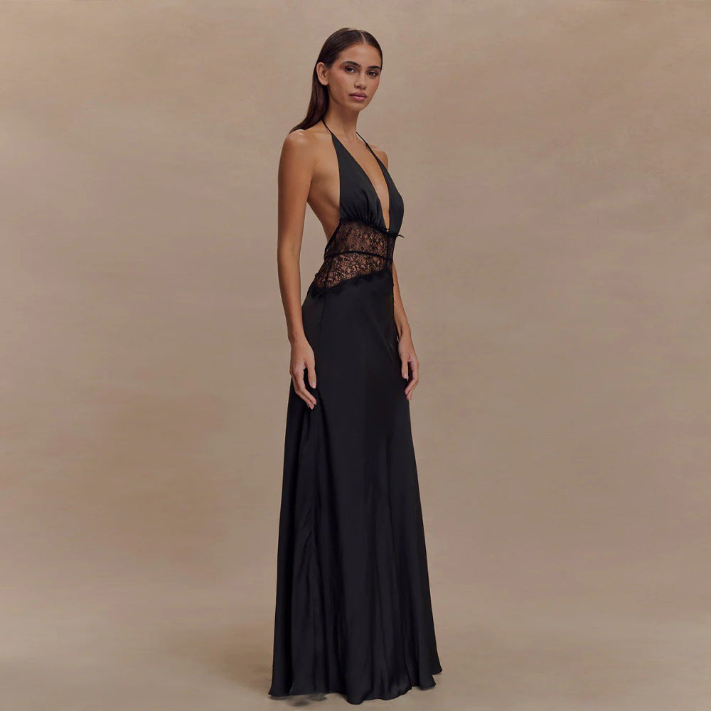 Women's Evening Dress with Lace and Elegant Deep Neckline