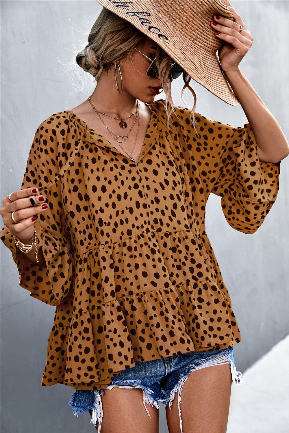 Women's Casual Blouse with Voluminous Sleeves and Polka Dot Pattern