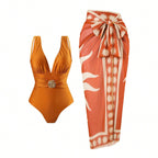 Women's Swimsuit with Feminine Wrap Skirt and Elegant Jewelry Detail