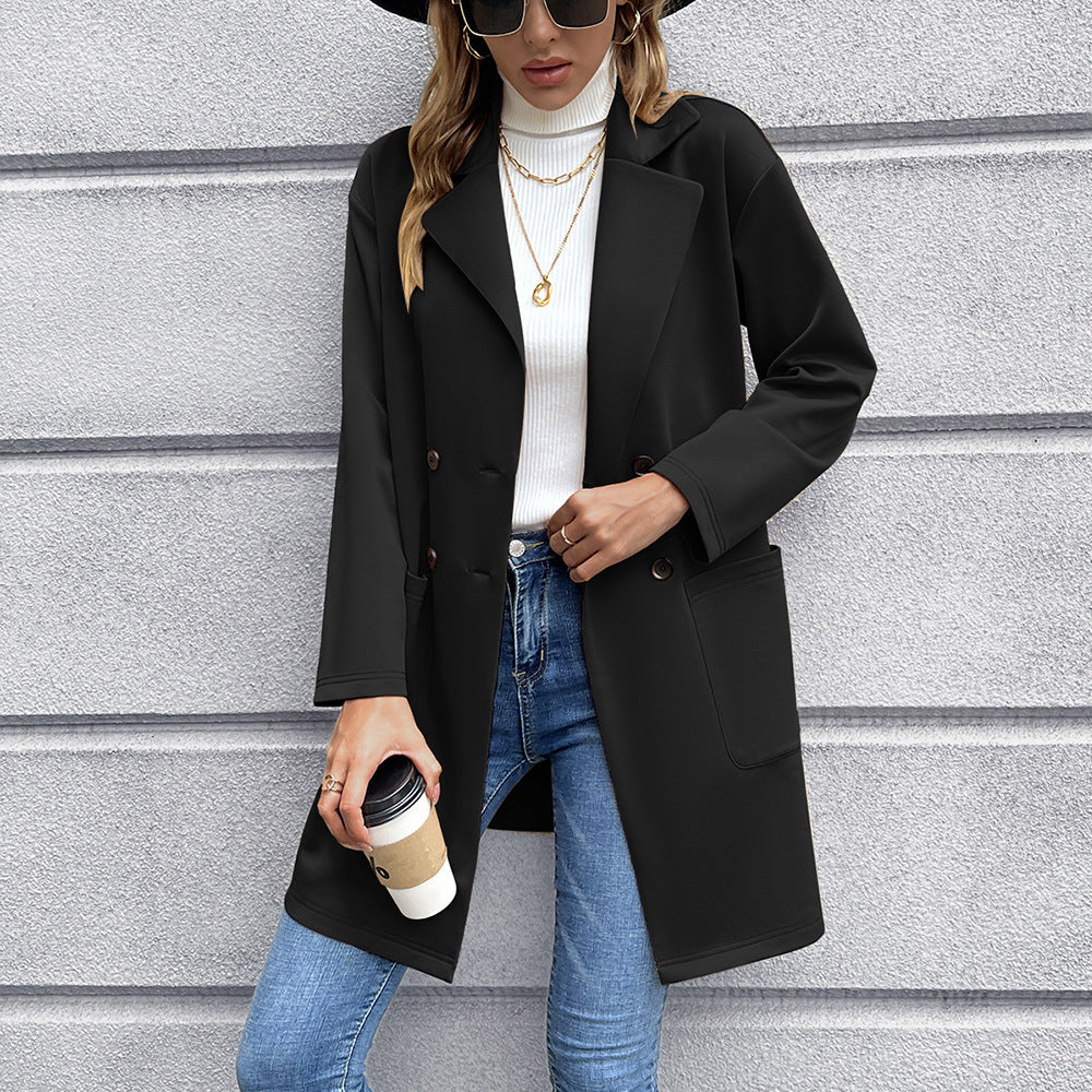 Women's Elegant Oversized Blazer Jacket with Double-Breasted Placket and Practical Pockets