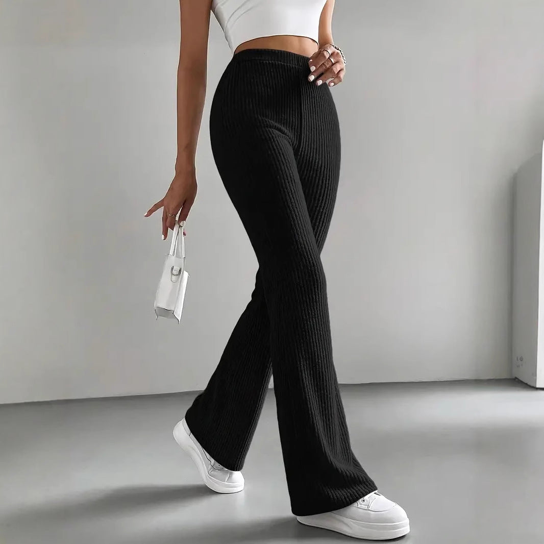 Women's Comfortable Wide-Leg Ribbed Pants with High Waist