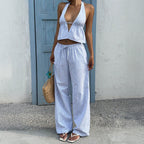Women's Casual Beach Outfit with Crop Top and Wide Pants