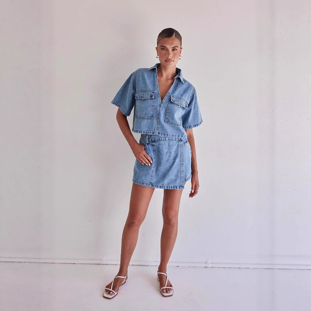 Denim Crop Shirt and Skirt Set