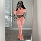 Women's Comfortable Velour Lounge Set with Zip-Up Top and Wide Leg