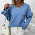 Women's Elegant Sweater with Ruffle Details and V-Neck