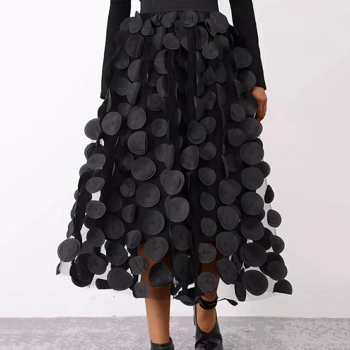 Flared Midi Skirt with Transparent 3D Appliqués and Elastic Waistband