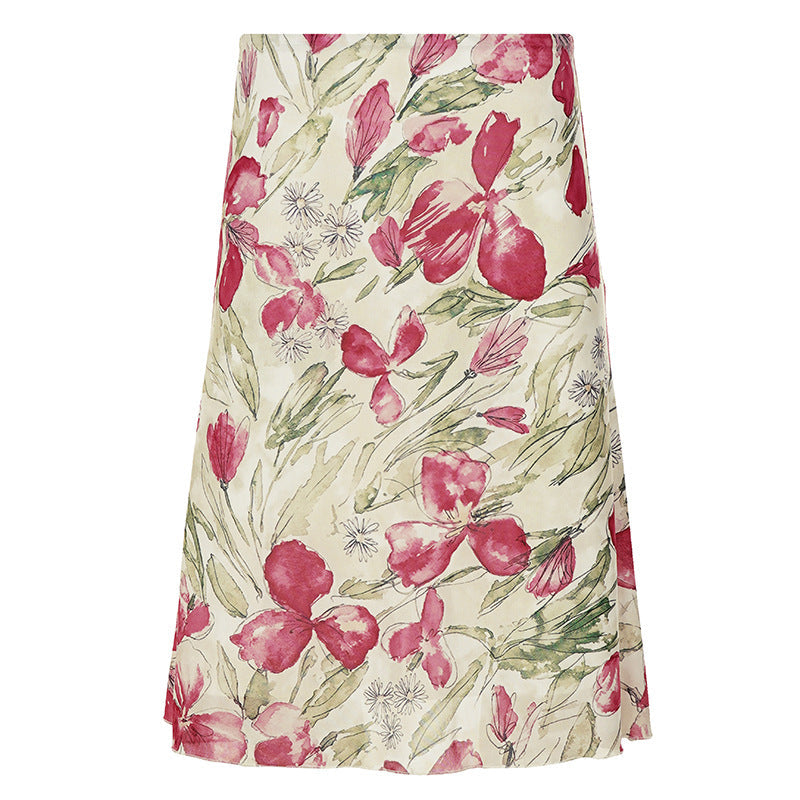High-Waisted Flared Midi Skirt with Floral Watercolor Print