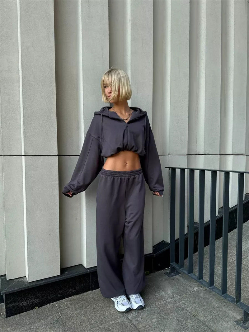 Women's Cropped Zip-Hoodie and High-Waisted Sweatpants Lounge Set