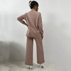 Women's Elegant Knit Suit with High Collar and Colorful Pattern