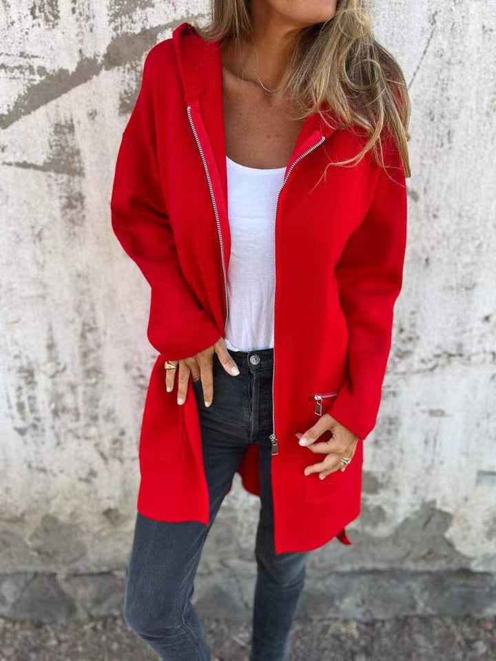 Women's Casual Coat with Hood and Asymmetrical Cut