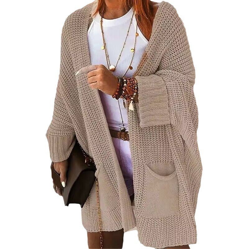 Women's Oversized Chunky Knit Cardigan with Wide Shawl Collar and Patch Pockets