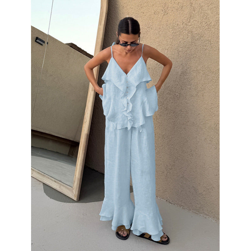 Women's Lightweight and Airy Combination of Ruffle Top and Wide Pants