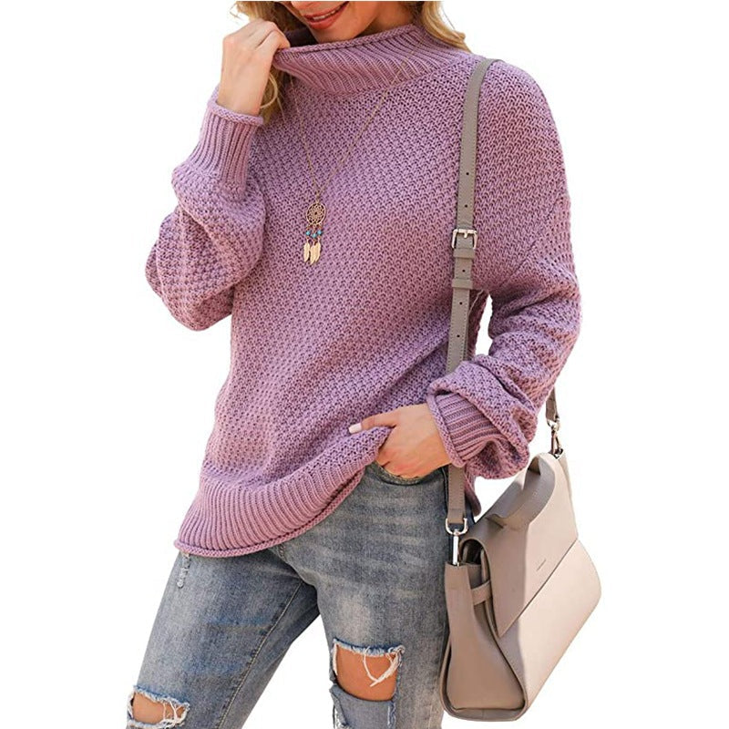 Women's Chunky Knit Sweater with High Collar and Textured Surface
