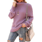 Women's Chunky Knit Sweater with High Collar and Textured Surface