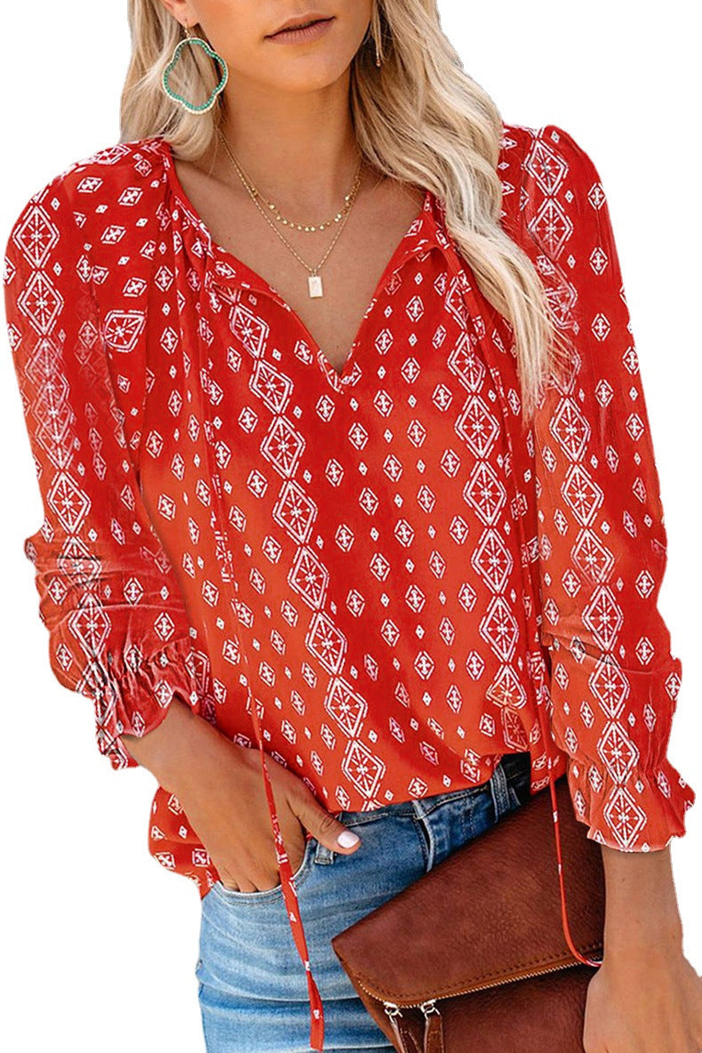 Women's Blouse with Floral Pattern and Loose Sleeves