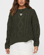 Women's Chunky Knit Sweater with Wave Pattern and Wide Cut