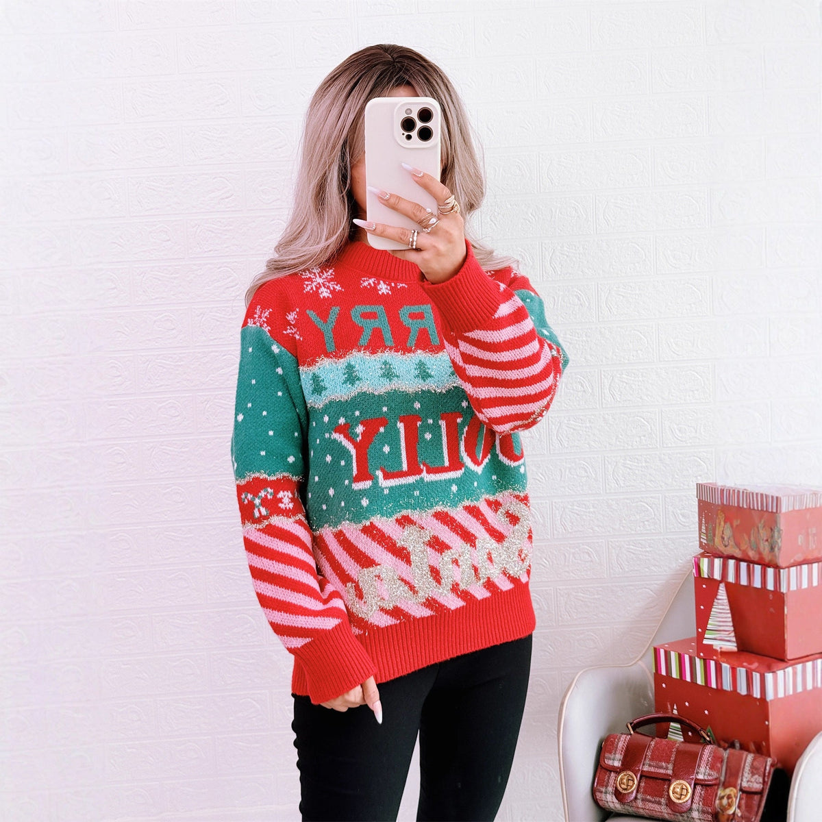 Women's Festive Knit Sweater with Creative Holiday Design