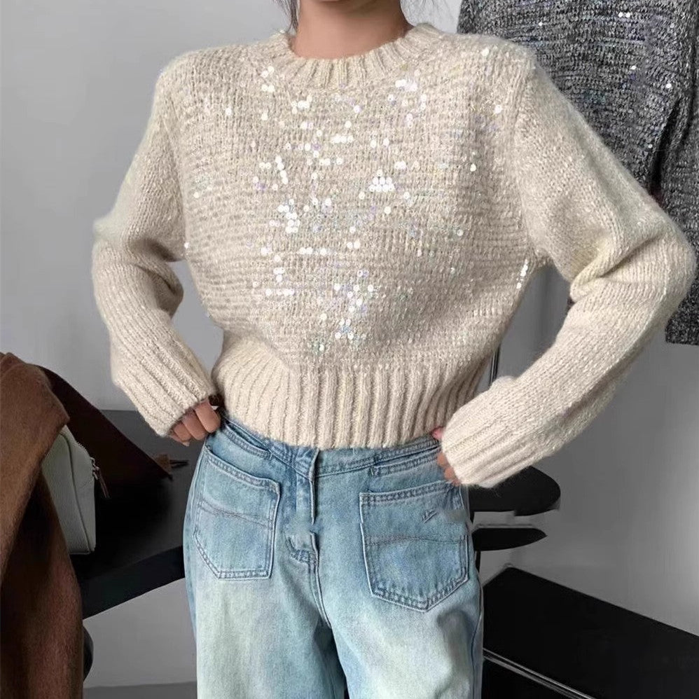 Women's Textured Glitter Knit Sweater with Wide Cut