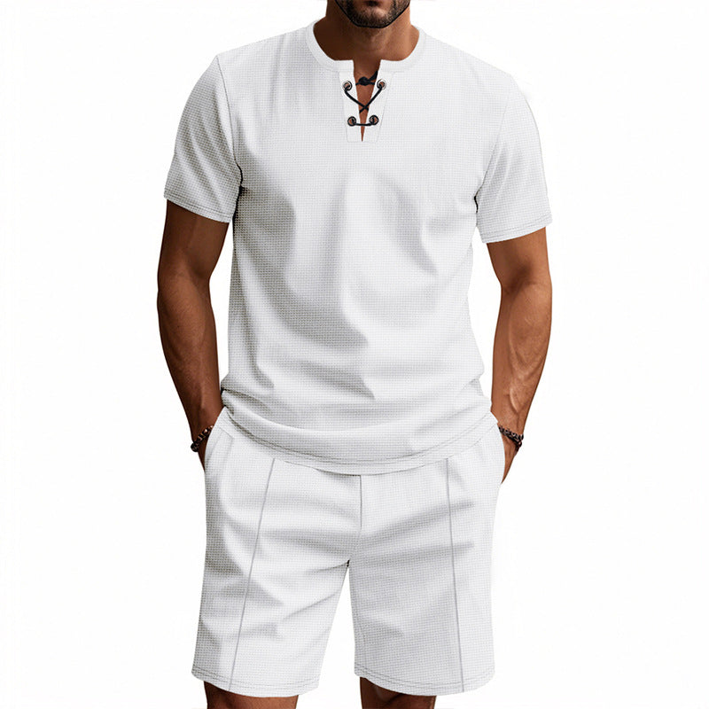 Men's Short-Sleeved Lace-Up Collar Waffle Jersey Set
