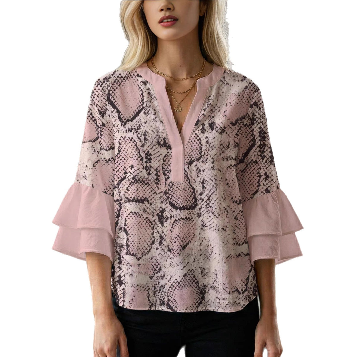 Casual Blouse with Ruffle Sleeves and Botanical Print