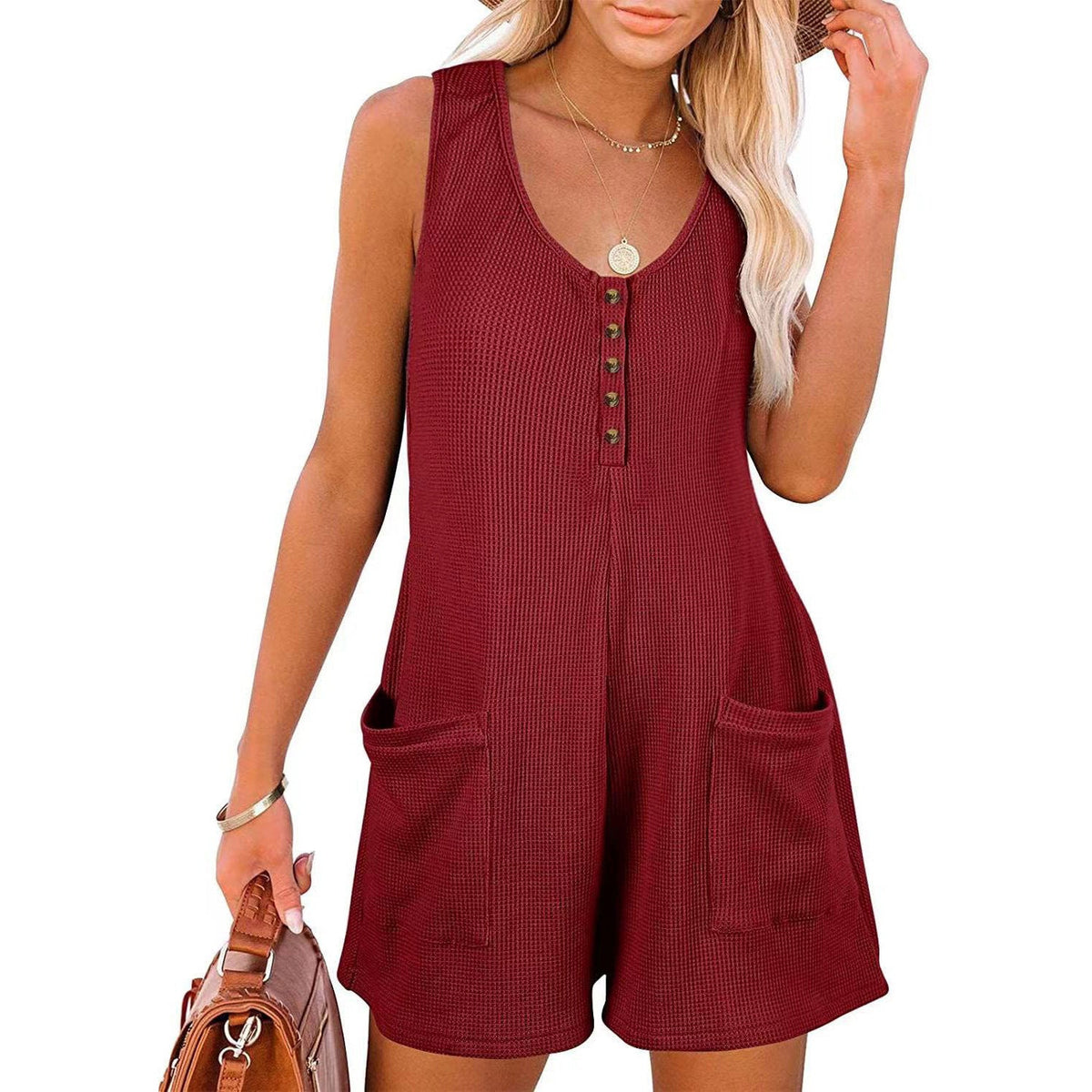 Women's Casual Jumpsuit with Button Placket and Pockets