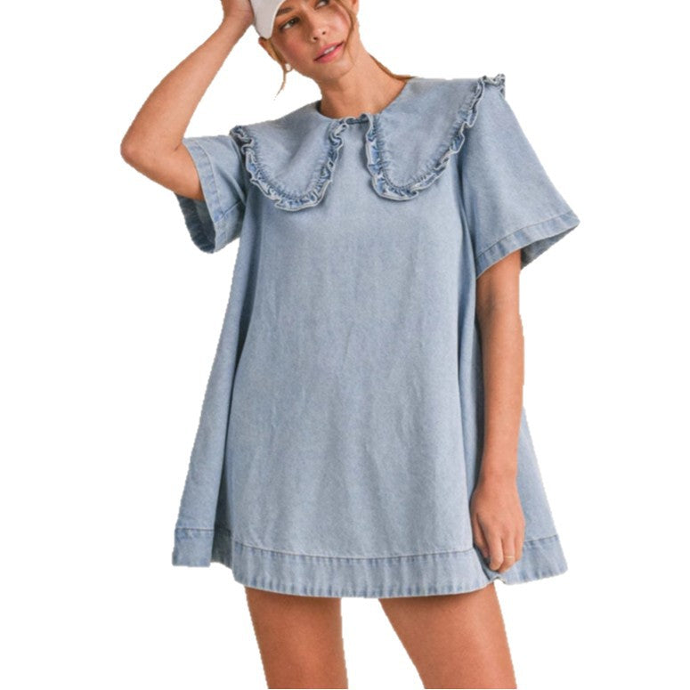 Women's Denim Dress with Ruffled Collar