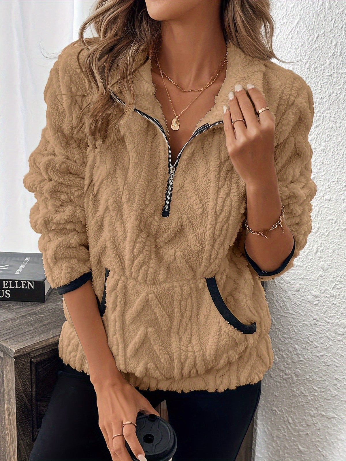 Women's Fleece Pullover in Modern Knit Design with Zipper