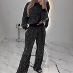 Women's Glitter Leisure Set with Cropped Sweater and Comfortable Pants
