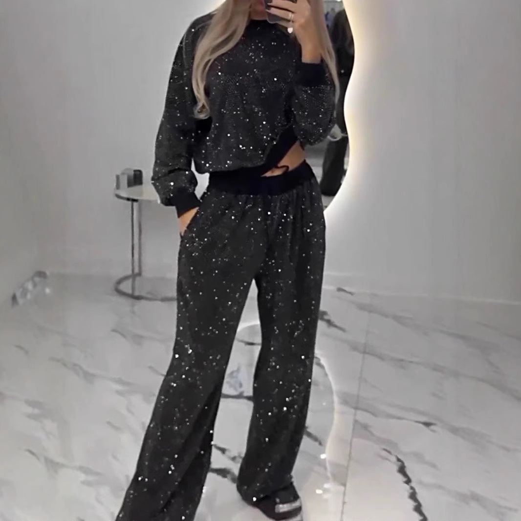 Women's Glitter Leisure Set with Cropped Sweater and Comfortable Pants