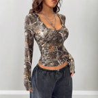 Women's Camouflage Long-Sleeve V-Neck Shirt