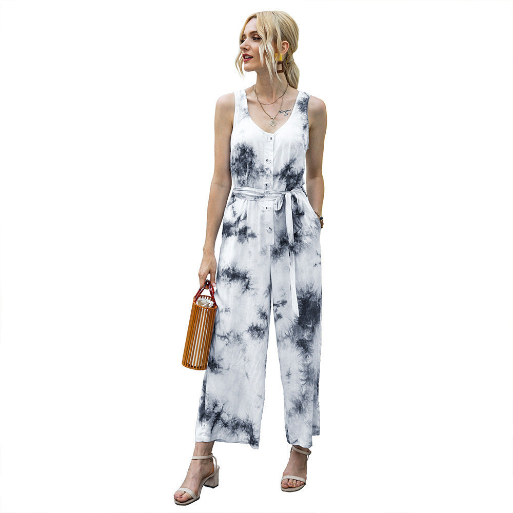 Casual Jumpsuit with Tie Belt and Button Placket