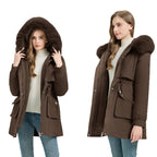 Women's Fashionable Puffer Jacket with Detachable Faux Fur Collar and Functional Pockets