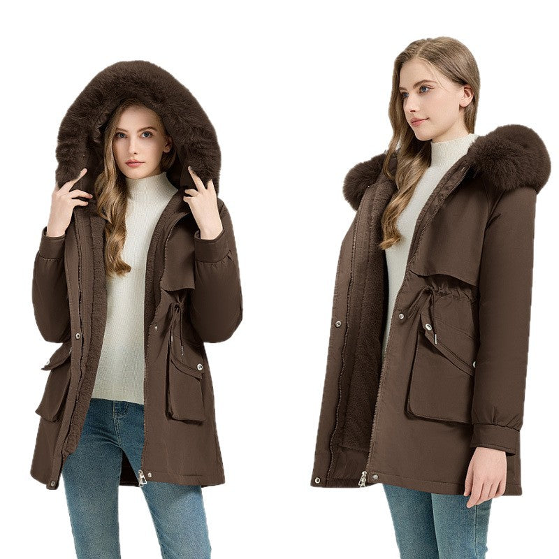 Women's Fashionable Puffer Jacket with Detachable Faux Fur Collar and Functional Pockets