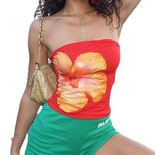 Women's Bandeau Top with Floral Print and Elastic Waistband