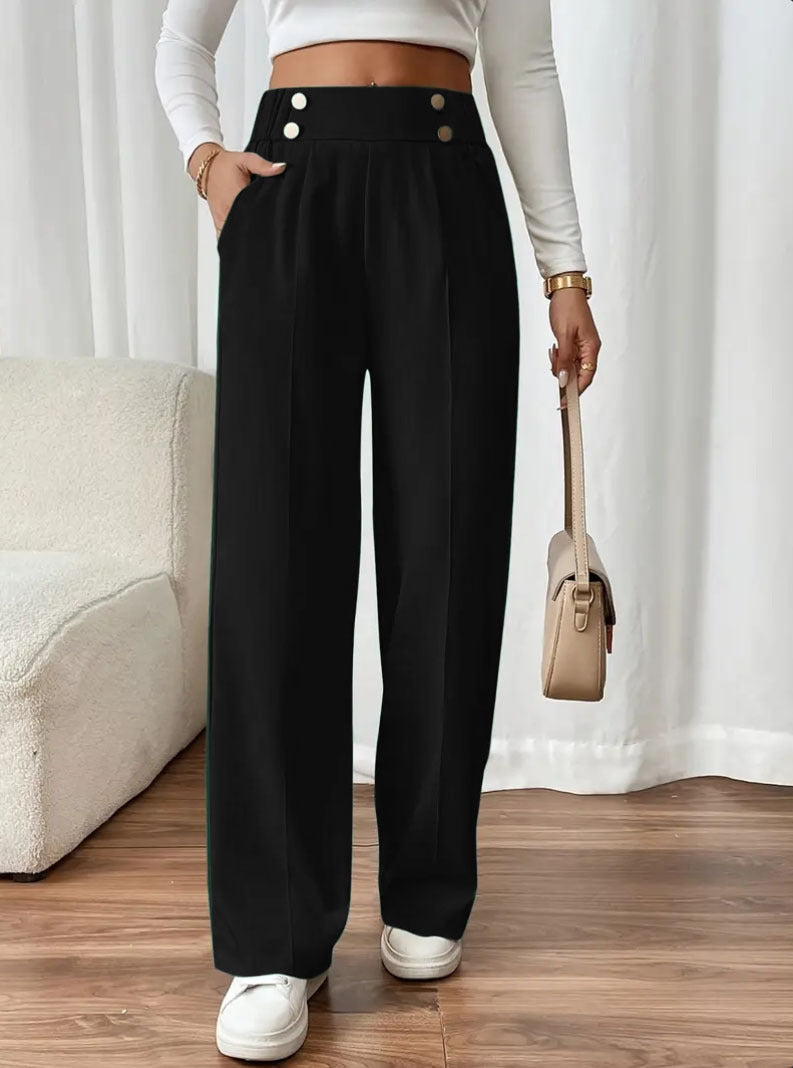 Women's Elegant Wide-Leg Pants with Decorative Buttons