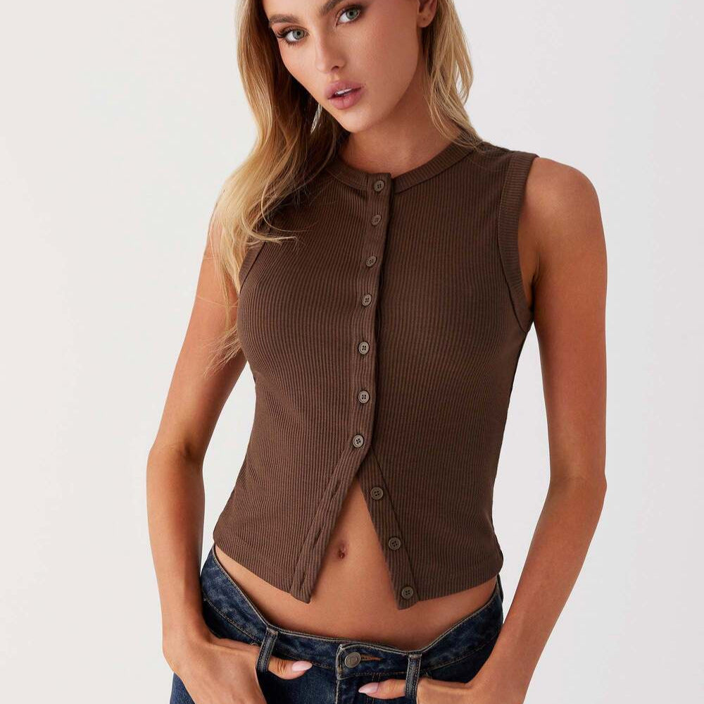 Sleeveless Ribbed Button-Down Top