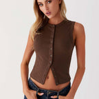 Sleeveless Ribbed Button-Down Top