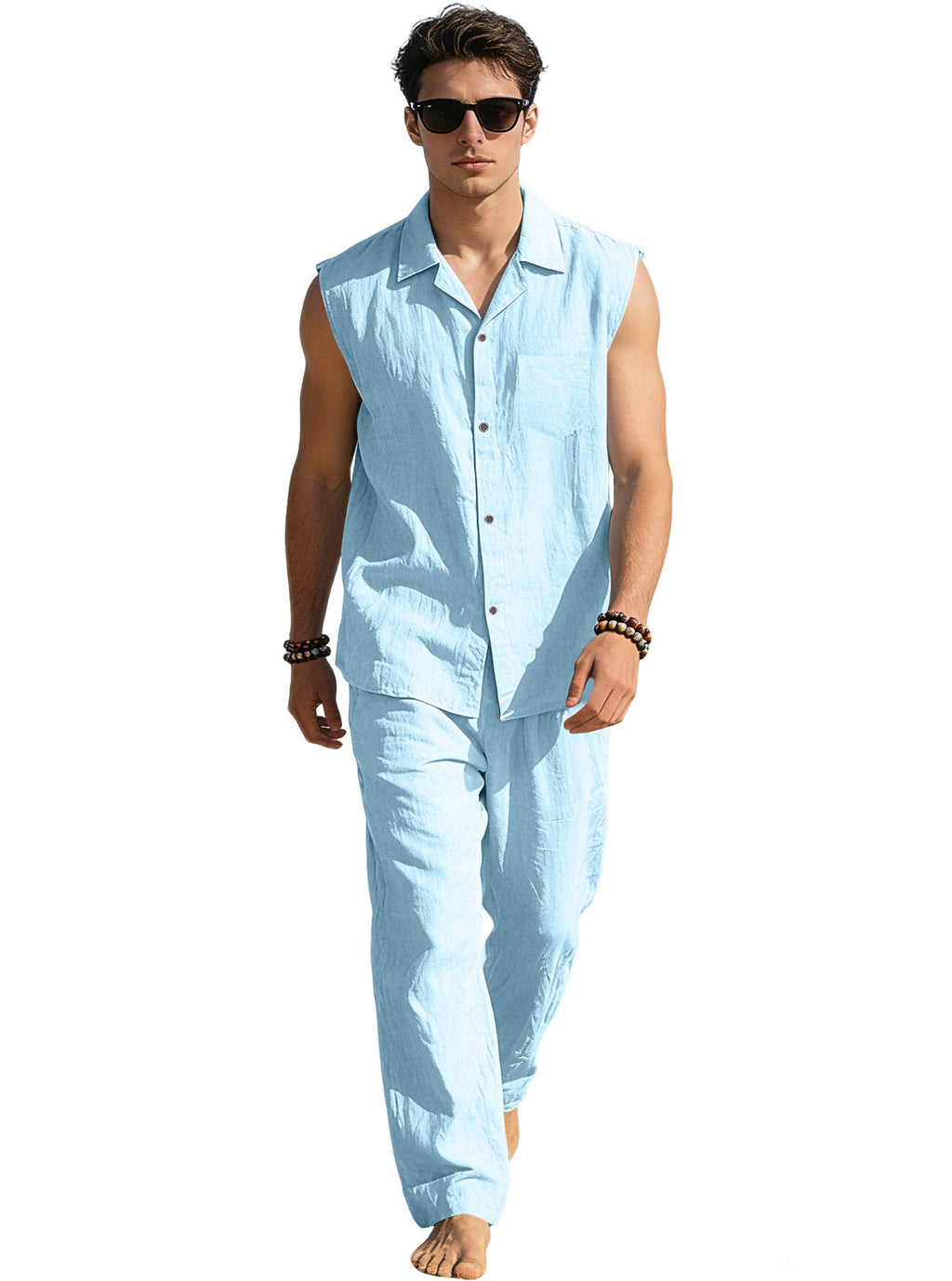 Men's sleeveless linen leisure set with lapel collar, chest pocket, and straight pants