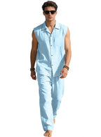 Men's sleeveless linen leisure set with lapel collar, chest pocket, and straight pants