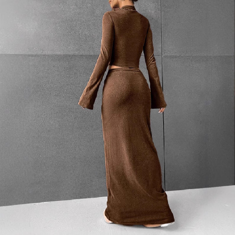 Women's Elegant and Comfortable Long-Sleeve Crop Top and Maxi Skirt Set