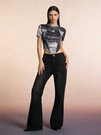 Women's High-Waisted Flared Jeans with Frayed Hem