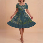 Women's A-Line Dress with Floral Motifs and Adjustable Belt