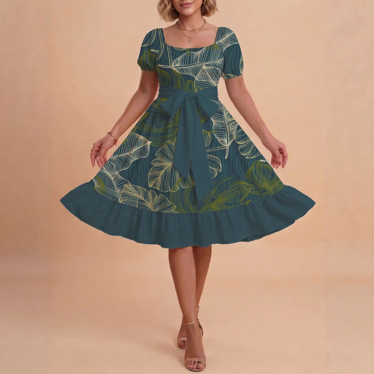 Women's A-Line Dress with Floral Motifs and Adjustable Belt