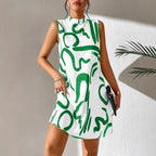 Women's A-Line Mini Dress with Modern Graphic Pattern and Stand-Up Collar