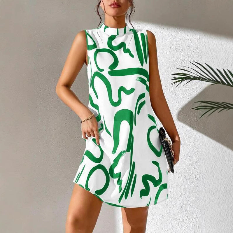 Women's A-Line Mini Dress with Modern Graphic Pattern and Stand-Up Collar
